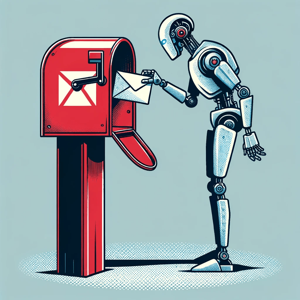 DALL·E 2023-11-29 16.03.36 - Minimalist, graphic, comic book style illustration of a robot inserting a letter into a mailbox. The robot should be sleek and modern, similar to the .png