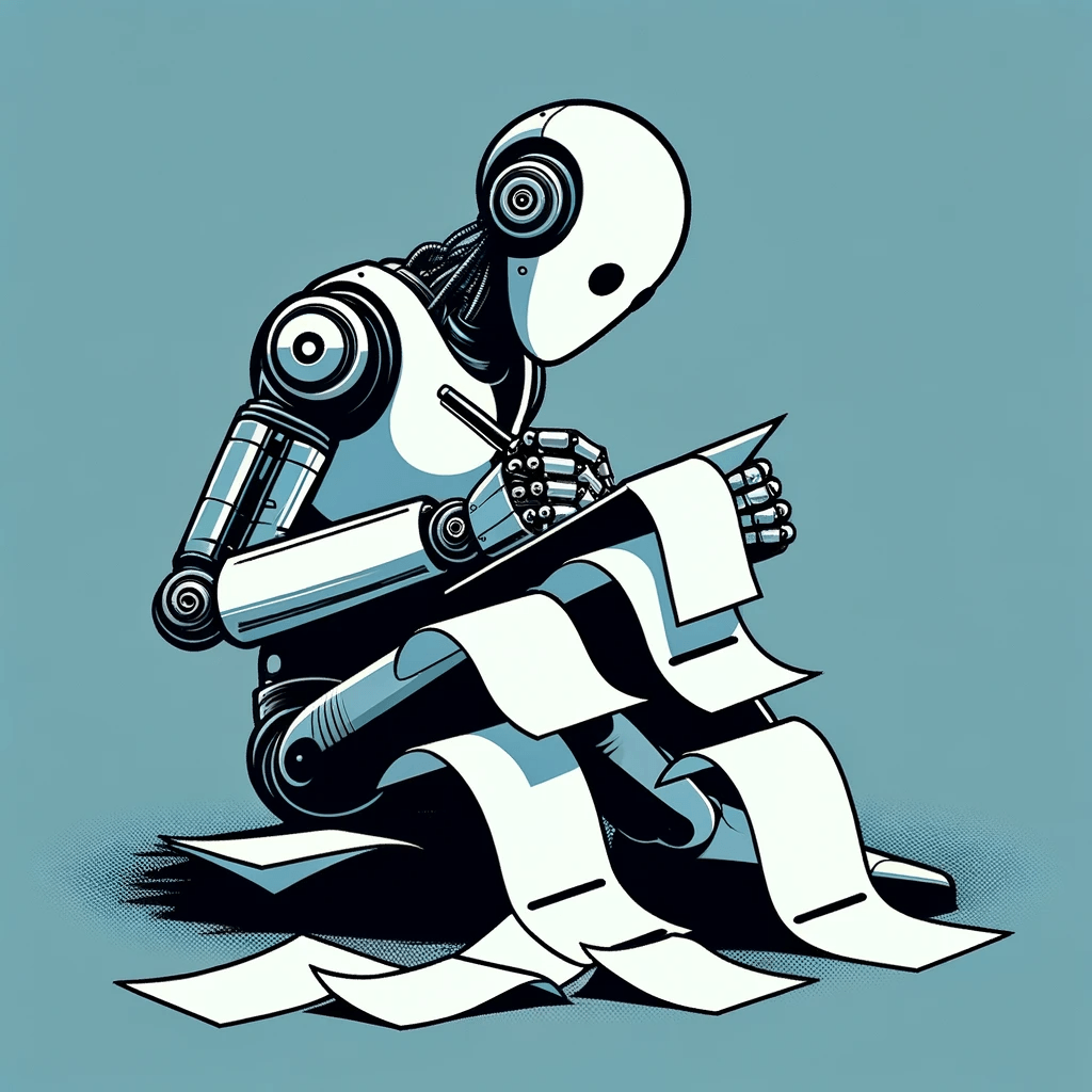 DALL·E 2023-11-29 16.59.56 - Minimalist, graphic, comic book style illustration of a robot writing letters alone. The robot should be sleek and modern, similar to the previous des.png