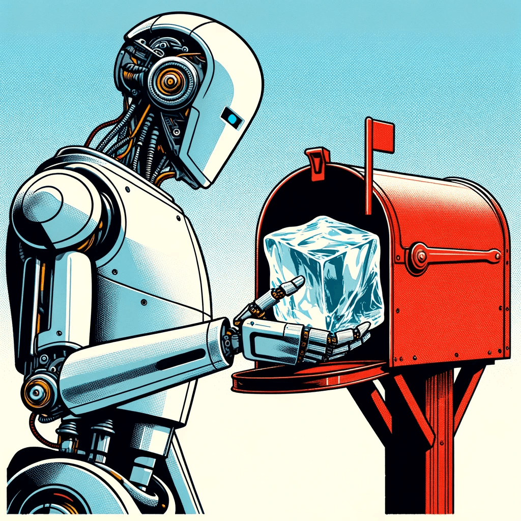 DALL·E 2023-11-28 14.47.29 - Illustration in a minimalist, graphic, comic book style featuring a robot putting an ice block into a mailbox. The robot should be sleek and modern, w.png