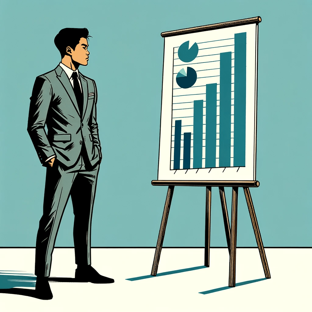 DALL·E 2023-11-29 17.01.58 - Minimalist, graphic, comic book style illustration of a man in a suit looking at a board with a chart. The man, an Asian male in a grey suit, should b.png