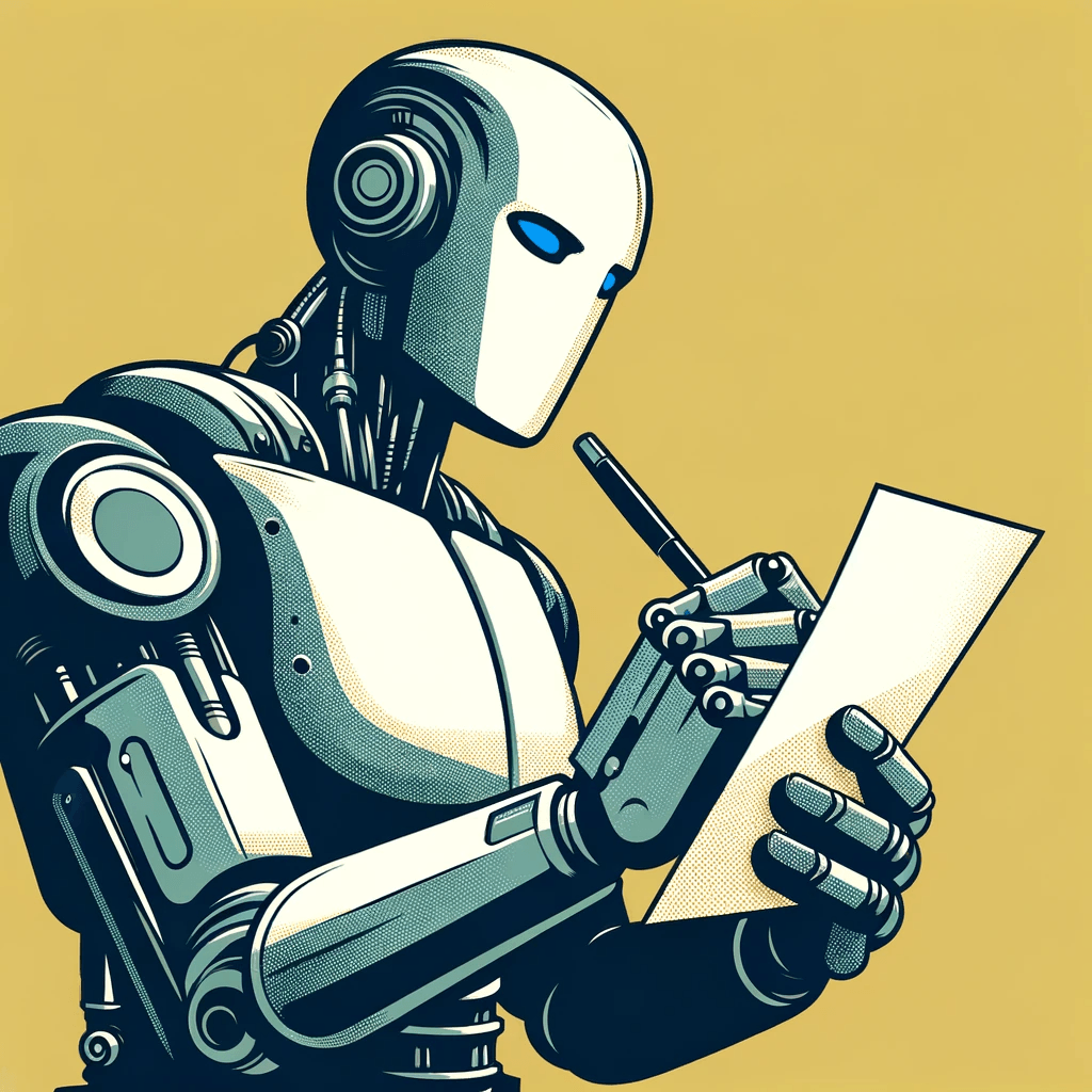 DALL·E 2023-11-29 16.01.11 - Minimalist, graphic, comic book style illustration of a robot writing a letter. The robot should have a sleek and modern design, similar to the previo.png