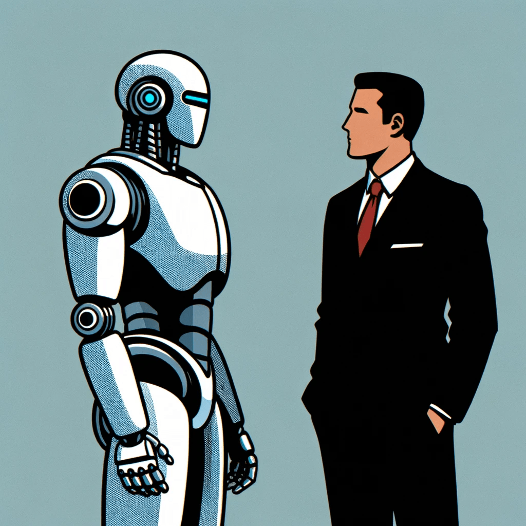 DALL·E 2023-11-29 16.55.41 - Minimalist, graphic, comic book style illustration of a robot talking to a man. The robot, sleek and modern, should be facing a Black man dressed in a.png